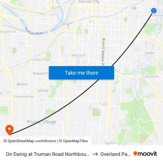 On Ewing at Truman Road Northbound to Overland Park map