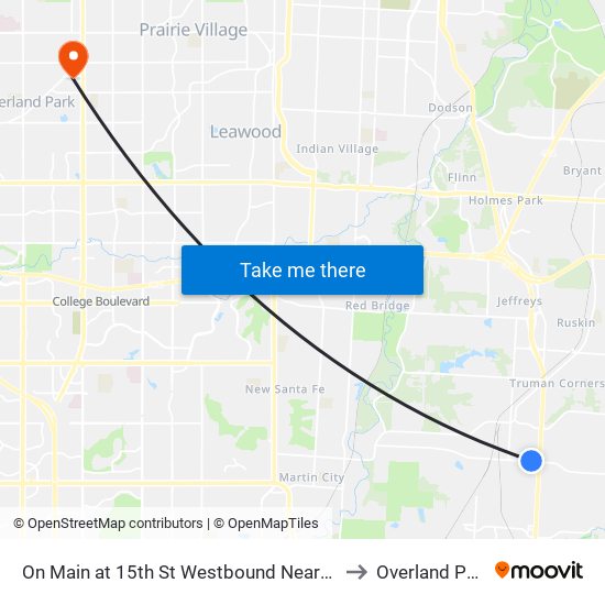 On Main at 15th St Westbound Nearside to Overland Park map