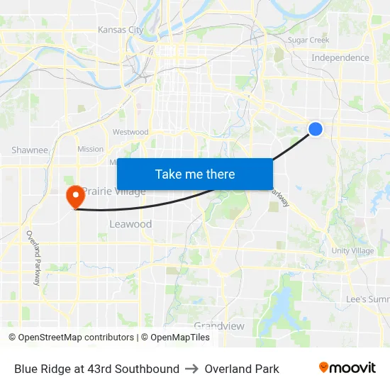 Blue Ridge at 43rd Southbound to Overland Park map