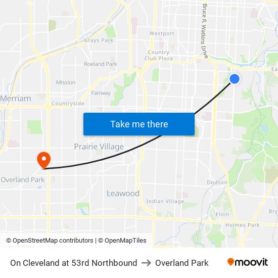 On Cleveland at 53rd Northbound to Overland Park map