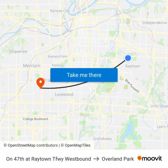 On 47th at Raytown Tfwy Westbound to Overland Park map