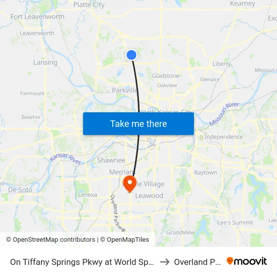 On Tiffany Springs Pkwy at World Span Sb to Overland Park map