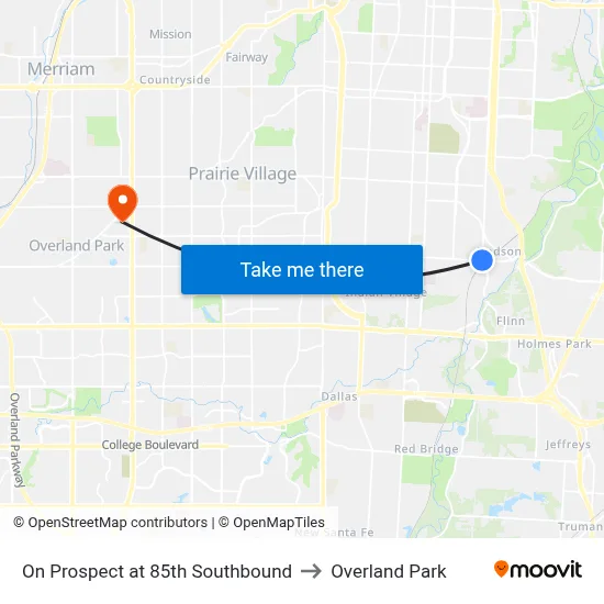 On Prospect at 85th Southbound to Overland Park map
