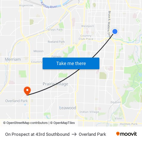 On Prospect at 43rd Southbound to Overland Park map