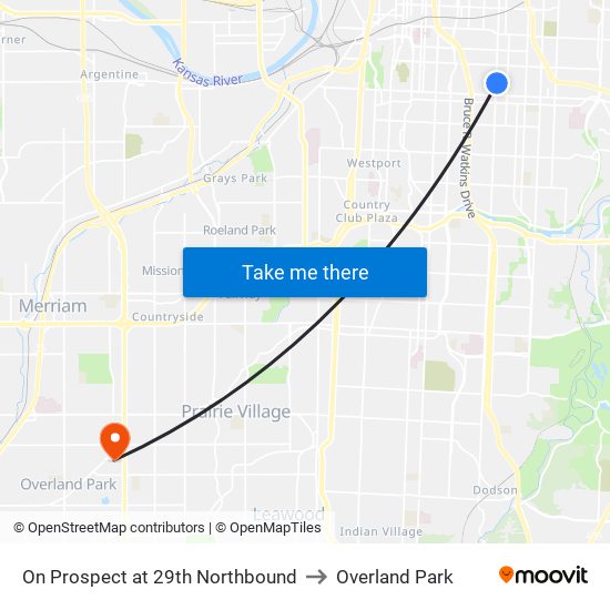On Prospect at 29th Northbound to Overland Park map