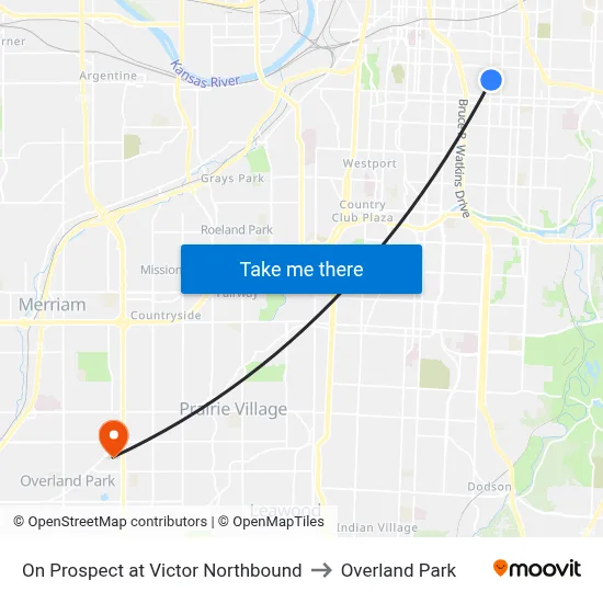 On Prospect at Victor Northbound to Overland Park map