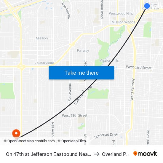 On 47th at Jefferson Eastbound Nearside to Overland Park map