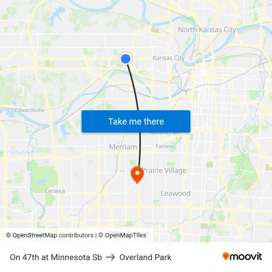 On 47th at Minnesota Sb to Overland Park map