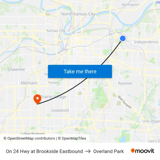 On 24 Hwy at Brookside Eastbound to Overland Park map