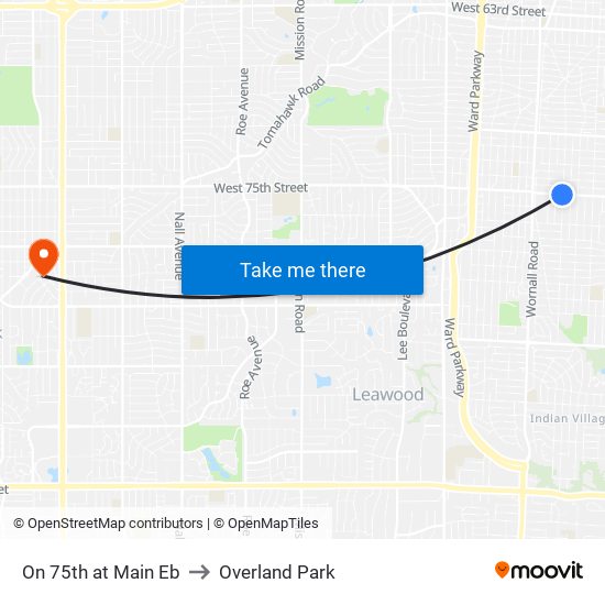 On 75th at Main Eb to Overland Park map