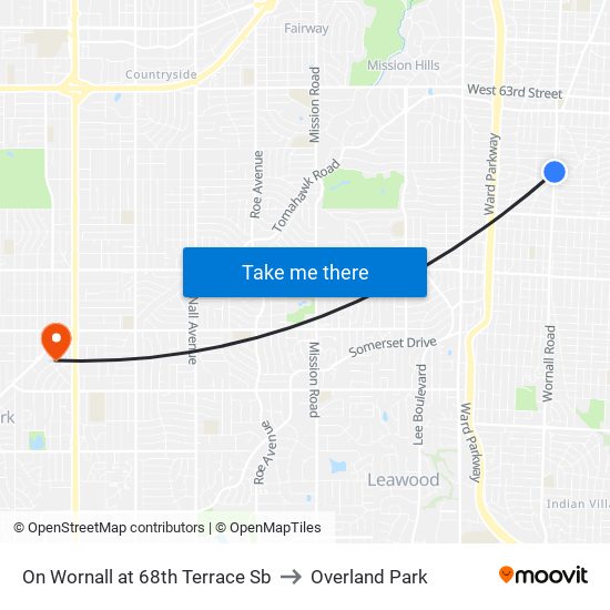 On Wornall at 68th Terrace Sb to Overland Park map