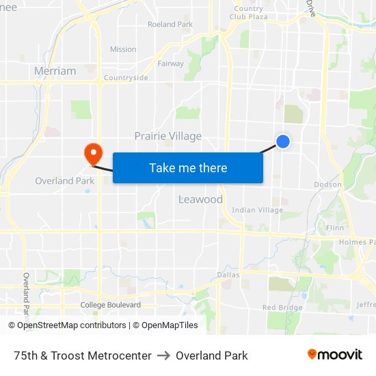 75th & Troost Metrocenter to Overland Park map