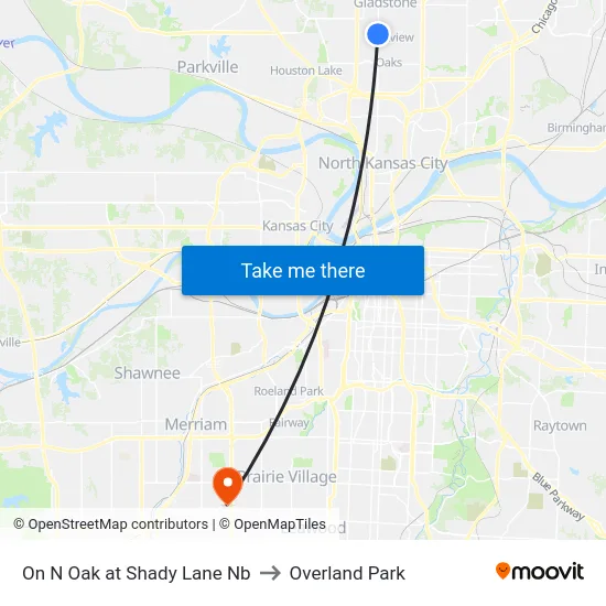 On N Oak at Shady Lane Nb to Overland Park map