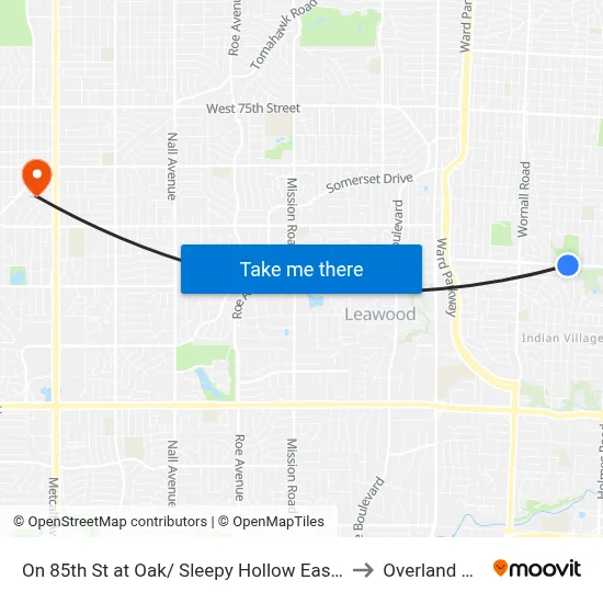 On 85th St at Oak/ Sleepy Hollow Eastbound to Overland Park map