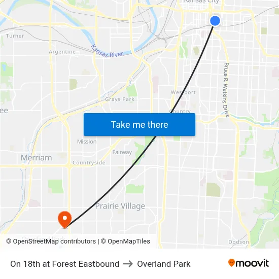 On 18th at Forest Eastbound to Overland Park map