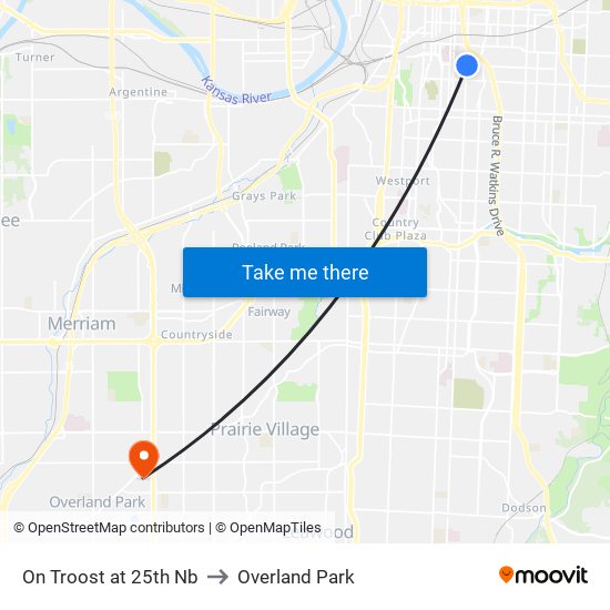 On Troost at 25th Nb to Overland Park map