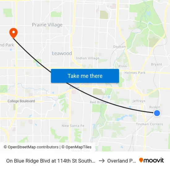 On Blue Ridge Blvd at 114th St Southbound to Overland Park map