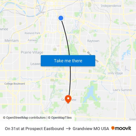 On 31st at Prospect Eastbound to Grandview MO USA map