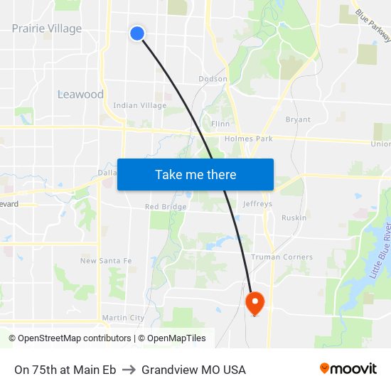 On 75th at Main Eb to Grandview MO USA map