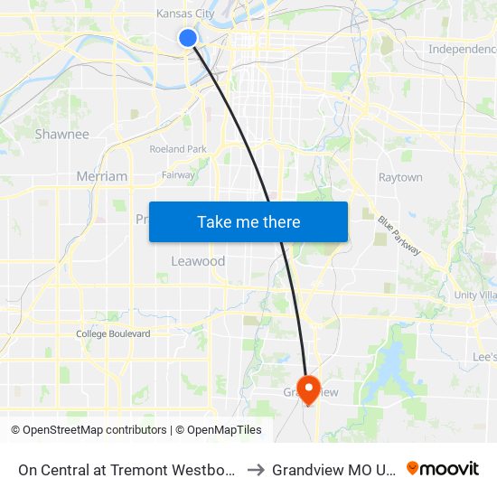 On Central at Tremont Westbound to Grandview MO USA map