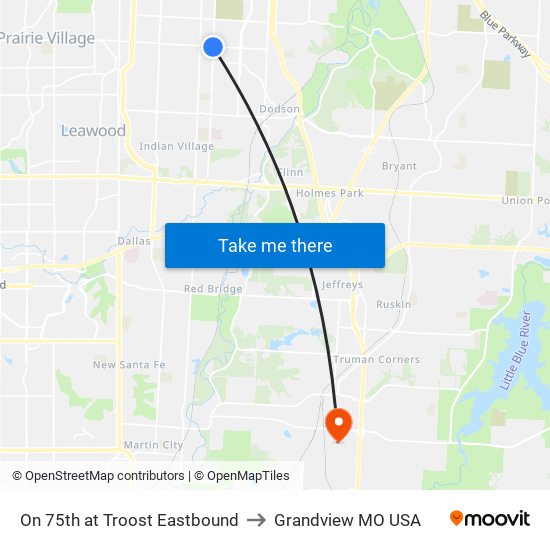 On 75th at Troost Eastbound to Grandview MO USA map