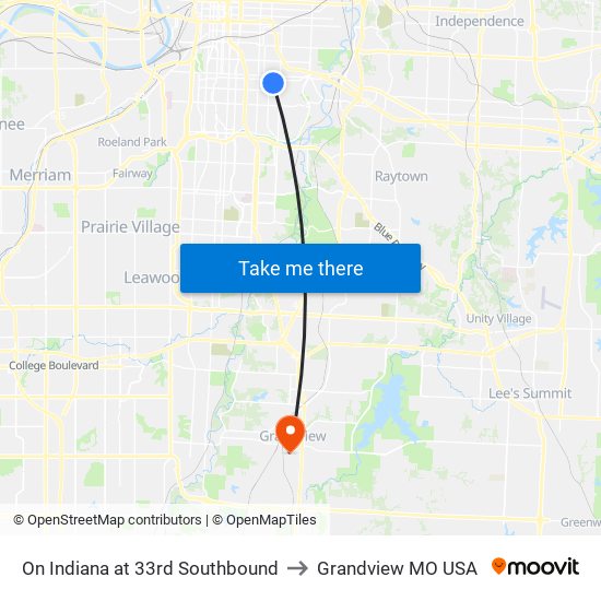 On Indiana at 33rd Southbound to Grandview MO USA map