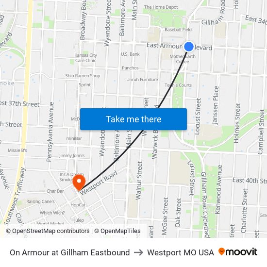 On Armour at Gillham Eastbound to Westport MO USA map