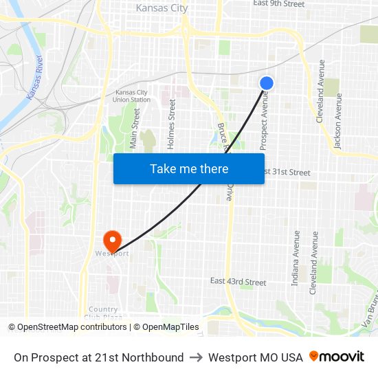 On Prospect at 21st Northbound to Westport MO USA map