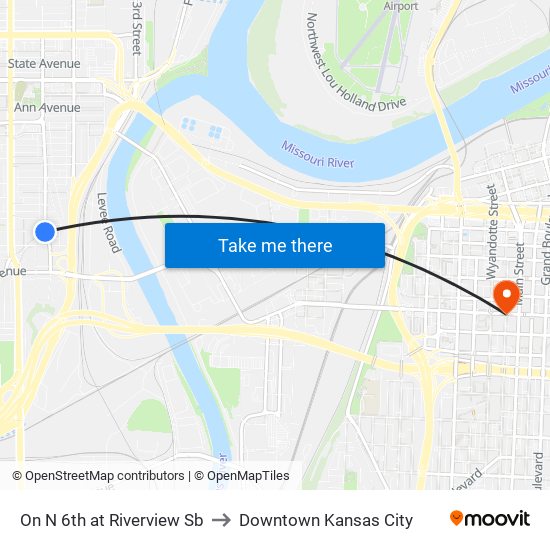 On N 6th at Riverview Sb to Downtown Kansas City map