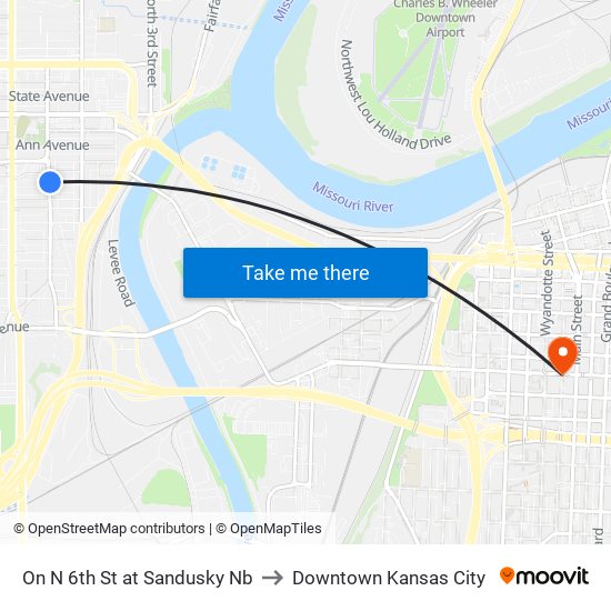 On N 6th St at Sandusky Nb to Downtown Kansas City map