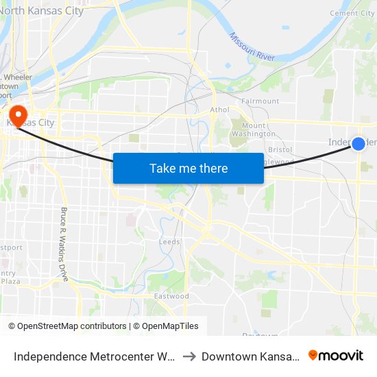 Independence Metrocenter Westside to Downtown Kansas City map