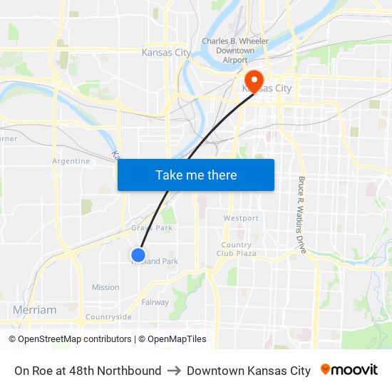 On Roe at 48th Northbound to Downtown Kansas City map