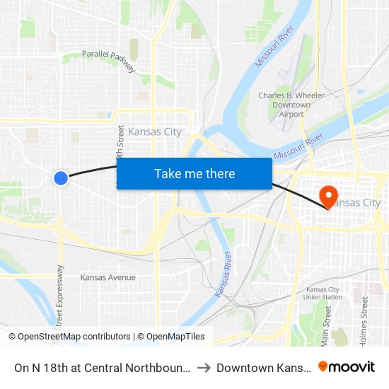 On N 18th at Central Northbound Nearside to Downtown Kansas City map