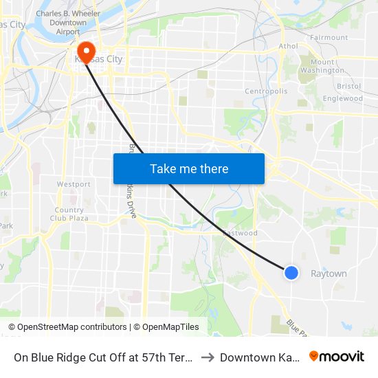 On Blue Ridge Cut Off at 57th Terrace Southbound to Downtown Kansas City map
