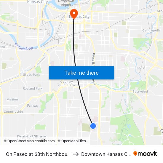 On Paseo at 68th Northbound to Downtown Kansas City map