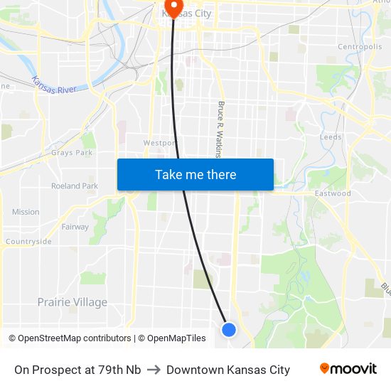 On Prospect at 79th Nb to Downtown Kansas City map