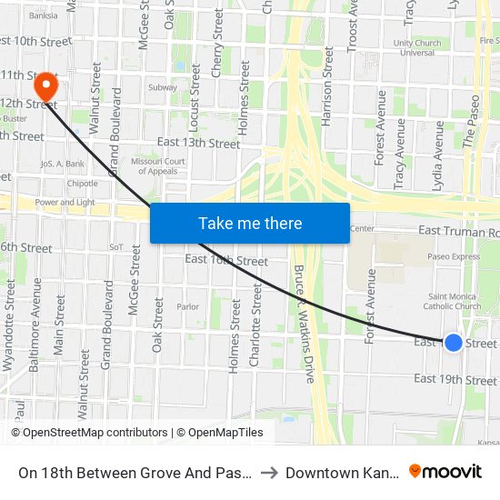 On 18th Between Grove And Paseo Eastbound to Downtown Kansas City map