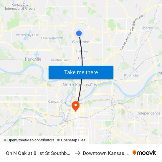 On N Oak at 81st St Southbound to Downtown Kansas City map