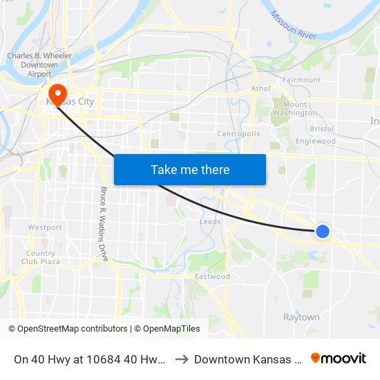 On 40 Hwy at 10684 40 Hwy Wb to Downtown Kansas City map