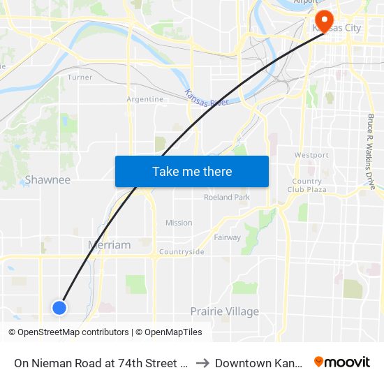 On Nieman Road at 74th Street Southbound to Downtown Kansas City map