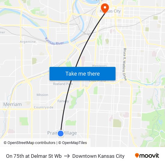 On 75th at Delmar St Wb to Downtown Kansas City map