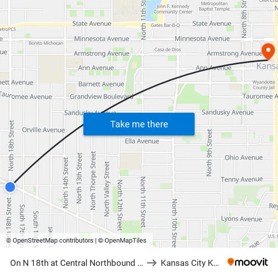 On N 18th at Central Northbound Nearside to Kansas City KS USA map