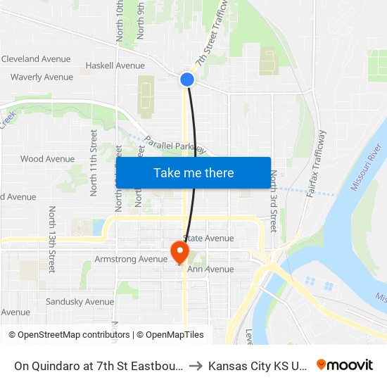 On Quindaro at 7th St Eastbound to Kansas City KS USA map