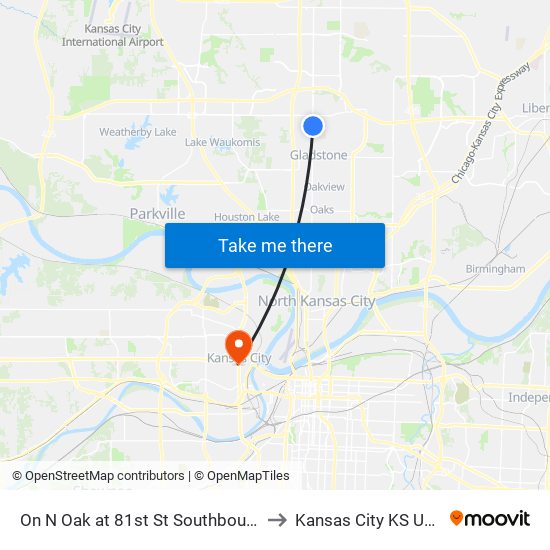 On N Oak at 81st St Southbound to Kansas City KS USA map