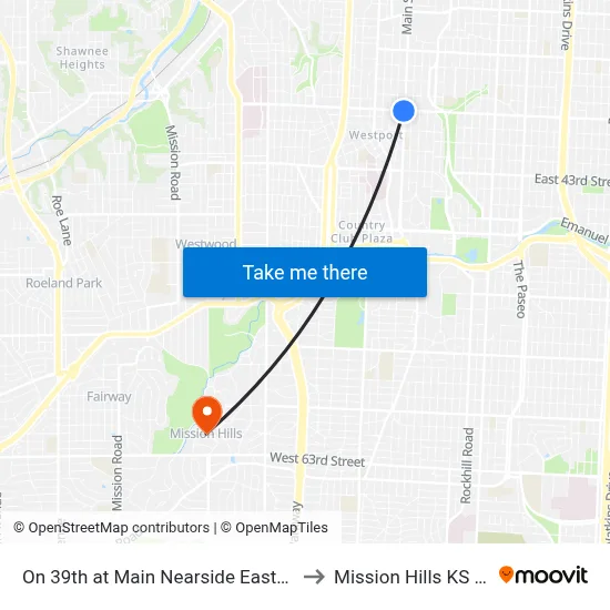 On 39th at Main Nearside Eastbound to Mission Hills KS USA map