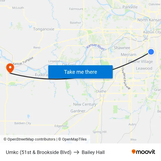 Umkc (51st & Brookside Blvd) to Bailey Hall map