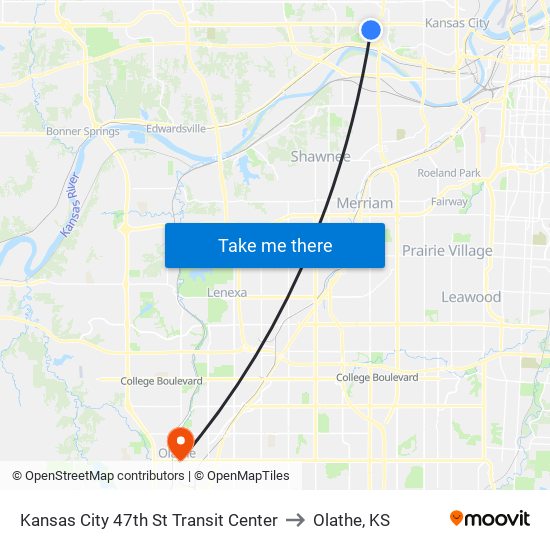 Kansas City 47th St Transit Center to Olathe, KS map