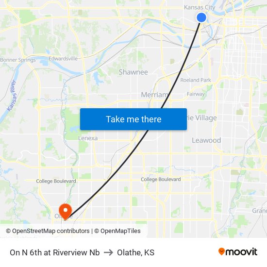 On N 6th at Riverview Nb to Olathe, KS map