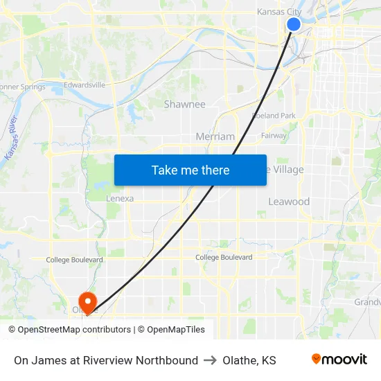 On James at Riverview Northbound to Olathe, KS map