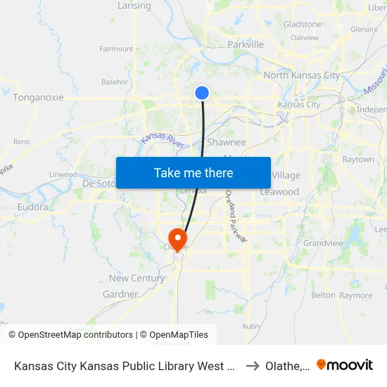Kansas City Kansas Public Library West Wyandotte to Olathe, KS map
